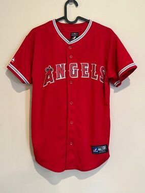 💜Majestic Stitched Red MLB Los Angeles Angels Button-Up Baseball Game Jersey